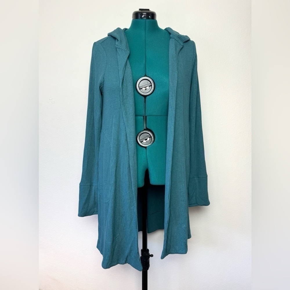 Athleta Harmony Pose Wrap Teal Cardigan Hooded Size Small Ribbed Yoga Athleisure